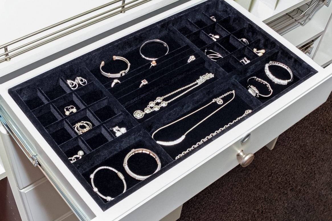 Velvet-lined jewelry drawer insert with compartments for rings, bracelets and necklaces