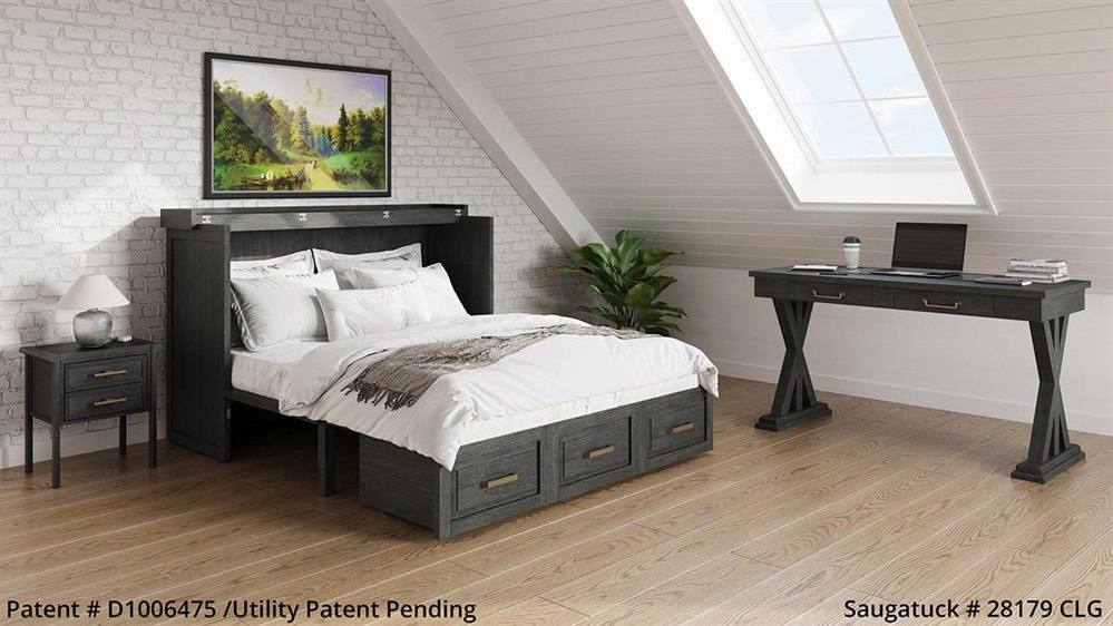 Credenza bed opened into a made bed under a sloped ceiling, with a desk and nightstand nearby