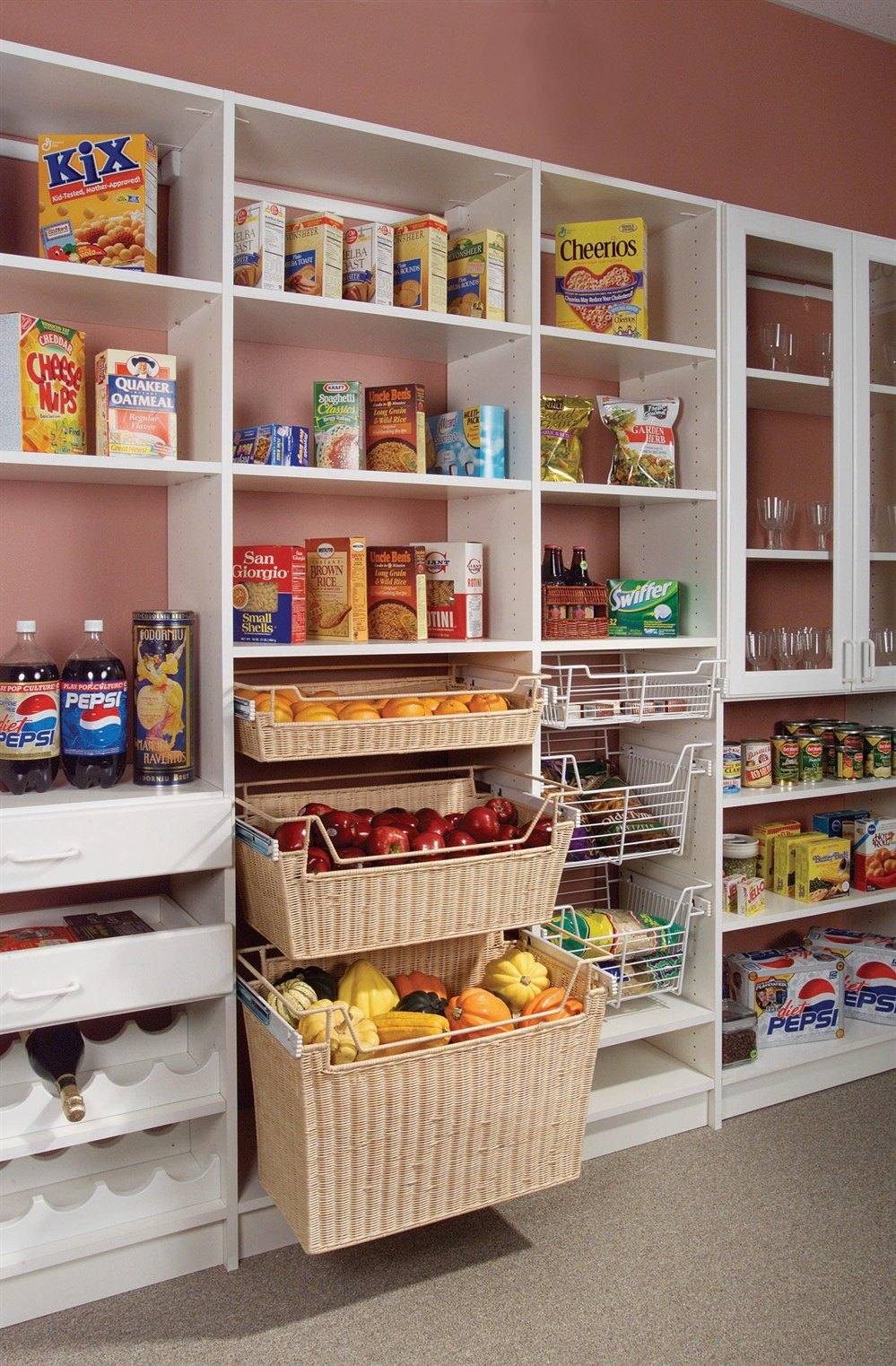 White pantry shelving with pull-out wicker baskets, food storage and a wine rack